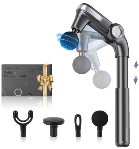 KingPavonini Massage Gun with Extendable Handle & Foldable Head, Portable Back Massager Gun for Pain Relief Deep Tissue, Full Body Percussion Massage Gun with 3 Adjustable Angles & 4 Massage Heads