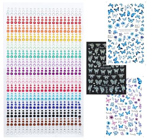 3 Blatt Blumen Schmetterling Nagelaufkleber+1Blatt Glitzersteine Selbstklebend,Frühling Sommer Butterfly Nail,Art Stickers Zubehör DIY für Damen Mädchen Frühling Weihnachten Nagelkunst Dekoration