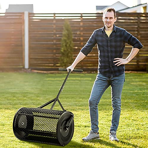 DONGGANSHI Rasen- und Gartenstreuer, Miststreuer für Rasen, Garten und Hof, 24 Zoll Hochleistungsstreuer mit Metallgitterrolle zum Schieben/Schleppen, Kompost, Torfmoos, Mutterboden, Mulch, G