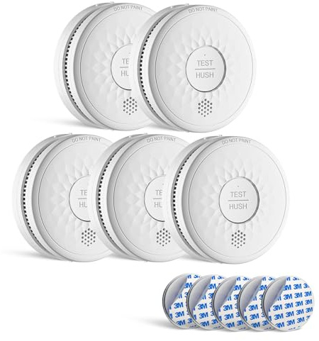 Rauchmelder 10 Jahre Lebensdauer, 5 Jahre Batterie（AA）, ohne Blinkende LED Feuermelder DIN EN 14604 TUV Zertifiziert 5er-Pack