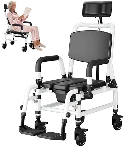 Rolling Shower Chair with Wheels, Padded Transfer Seat, 4-in-1 Commode Wheelchair for Seniors and Disabled, Headrest, Extra Wide, Flip-up Arms, Foot Rests