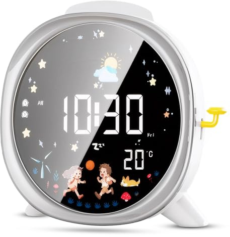 Wecker Kinder, Kinderwecker Lichtwecker für Jungen und Mädchen, Batteriebetrieben Kinder Schlaftrainer mit Nachtlicht, Countdown, Snooze-Funktion, 3 Helligkeitsstufen und Temperaturüberwachung