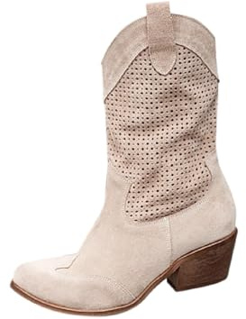 Generisch Botines vaqueros para mujer de verano de ante con patrón calado Slip-On media bota, beige, 43