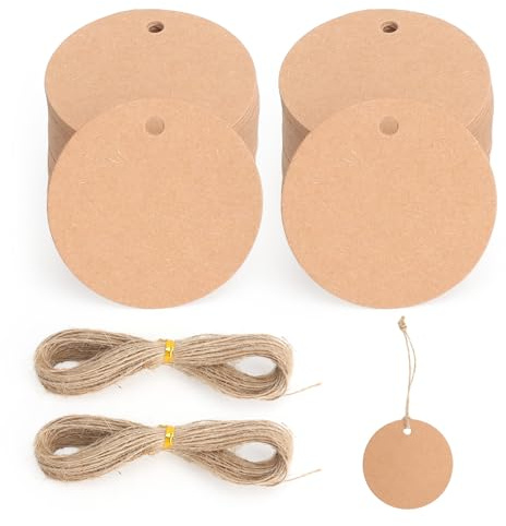XRVRILE 200 unidades de papel de estraza con 40 m de cuerda de yute, etiquetas de regalo de papel de estraza redondas de 5 cm, etiquetas de regalo para etiquetar para envolver regalos, bodas, fiestas
