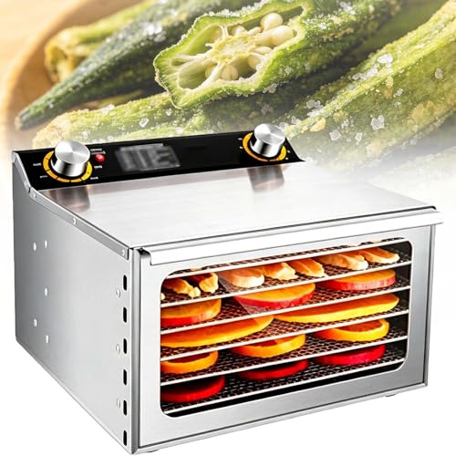 EXSHUING Essiccatore Per Alimenti In Acciaio Inox Con Timer Digitale, Potenza 800 W, Essiccatore Per Frutta, Ampi Vassoi Per Frutta Essiccata, Verdura, Erbe Aromatiche, Carne E Snack(6 Trays)