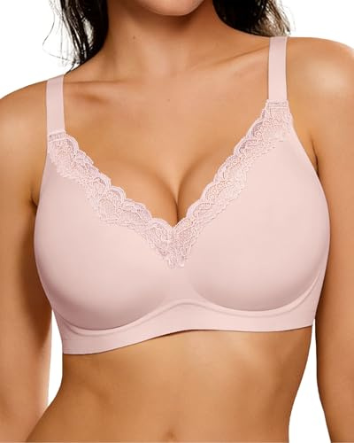 HORISUN Wireless Jelly Lace Bras for Women Comfortable Seamless Bra | Full Coverage, V Neck, Non Wired, Padded, Gel, Soft Support for Sagging Breasts, Push Up, with Extender, Comfy Everyday Bras