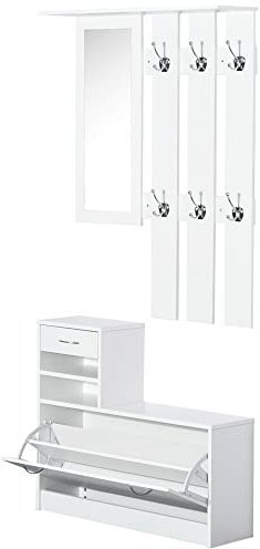 Homcom 3 in 1 Garderoben Set Garderobenpaneel Schuhschrank mit Spiegel 2 TLG Weiß