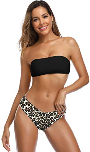 SHEKINI Costume da Bagno Due Pezzi Donna Imbottito Bandeau Regolabile Top Bikini Costumi Stampati Bikini Fondo da Spiaggia (M, Nero)