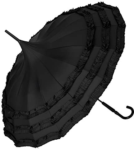 VON LILIENFELD Regenschirm Hochzeitsschirm Sonnenschirm Stabil Stockschirm Pagode Rüschen Sarah schwarz