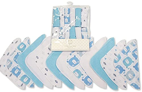 Nursery Time Baby Girl Boy Wash Face Cloths Towel Flannel Wipes Pack of 12 Pink Blue Grey (Blue)