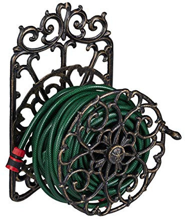 Relaxdays Schlauchhalter, antikes Design, drehbar, Wandhalter Gartenschlauch, Gusseisen, HBT: 52x33x31 cm, schwarz-Gold