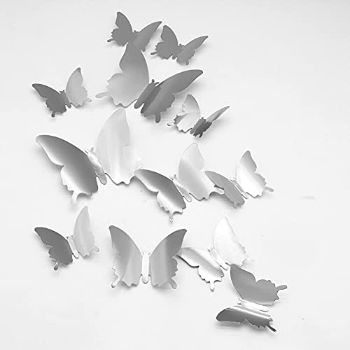 3D Schmetterling Wandaufkleber, CAYUDEN 24pcs 3 Größen Abnehmbare Spiegel Wandaufkleber Schmetterlinge zum Aufkleben Silber Aufkleber Schmetterling für die Wand, Hochzeit, Partydekoration(Silber)