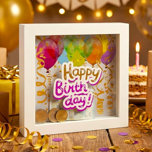 MIJOMA Spardose aus Holz mit Glasfront – dekorativer Sparrahmen für Geldgeschenke zu Hochzeit, Geburtstag, Reise & mehr – kreative Geldbox (Happy Birthday! - weiß, 15 x 15 x 5 cm)