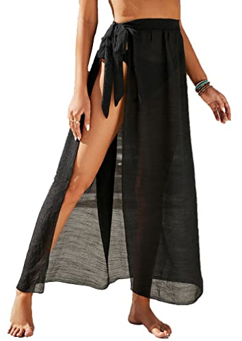 Jarseila Paréo de Plage Femmes Robes de Plage Sarong Long Bikini Cover Up Maillot de Bain Couverture Mousseline Wrap Jupes 2024 Eté #A-Noir