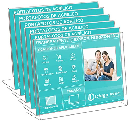 Ichigo Ichie Juego de 6 Soporte de Sobremesa de 10x15 cm, Portafotos de Plástico Transparente, Soportes de Acrílico para Fotos, Ideal para Hogar, Hotel, Oficina, Tienda y Restaurante (Horizontal)