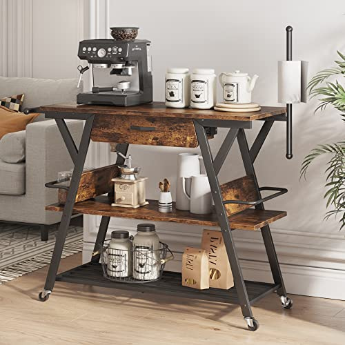Bestier Coffee Cart Station, 48 W Coffee Bar Cart with Storage Drawer, Mobile Kitchen Island on Lockable Wheels, Coffee Bar Table with Paper & Towel Holder for Dinning Room Living Room, Rustic Brown