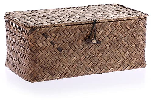 IGNPION Seagrass Storage Basket with Lid Woven Seagrass Desktop Basket Rectangular Bathroom Storage Organiser Box, Shelves & Desks Decorative Basket Multipurpose storage Hamper (Coffee, XS)