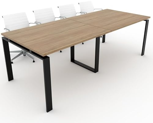 Mesa con Estructura metálica Marco Abierto Negro de 240x100, con pata retranqueada y Tablero melaminado Ideal para Sala de Juntas, reuniones, conferencias (Roble)