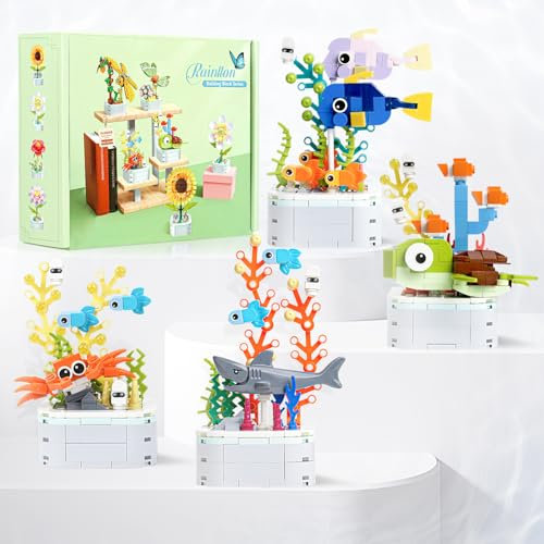 Ozeane Bausteine Set,4 Meeresorganismus mit Basis,626 PCS DIY Bauspielzeugsets Aquarium Baustein,Clownfische, Schildkröten,Krabben,Haie,Bauspielzeug Erwachsene Kinder für Schreibtisch Dekoration
