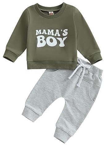 Himllauen Vêtements bébé garçon T-shirt à manches longues + pantalon 2 pièces Vêtements bébé 0-3 ans Ensemble nouveau-né, Vert armée Mama's Boy 2, 0-6 mois