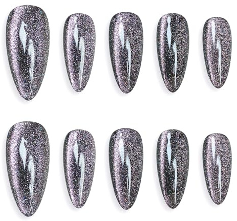 Sun&Beam Nails Handgefertigte Press-On Nails Medium Almond Schwarz (#126 L) | Schwarz mit silberlila Glitzer und feinem Schimmer, glänzendes Finish im 10-teiligen Set
