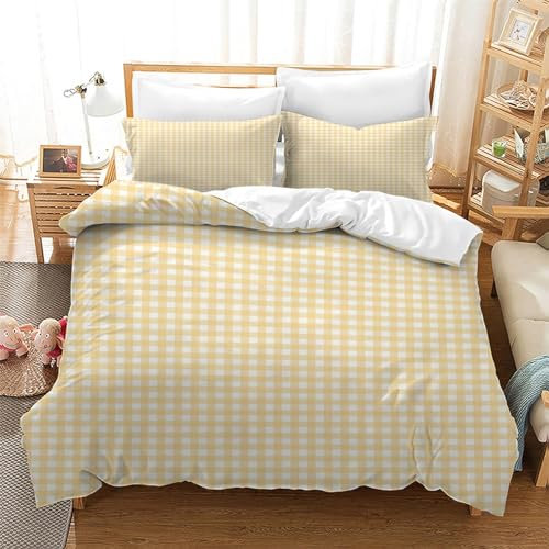 HOBBOY Housse de Couette à Carreaux Jaune Ensemble de literie à Carreaux 3 pièces Vichy Couette Housse avec Fermeture à glissière 2 taies d’Oreiller Pas de draps 220x240 cm