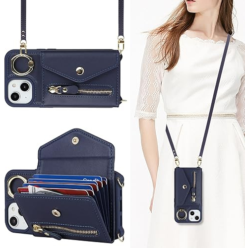 SailorTech iPhone 14 Case with Zipper Credit Card Holder for Women, iPhone 14 Phone Leather Case Ring Stand with Card Slots Kickstand Wallet Crossbody for iPhone 14-Blue