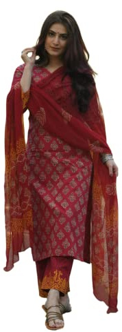 Nermosa Ensemble Kurta et pantalon imprimés pour femme avec Dupatta, Bordeaux, L