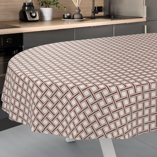 Wachstuch-Tischdecke Tischdecke abwaschbar Wachstuch Garten-Tischdecke Outdoor Indoor Oval 220x140cm Schnittkante Karo Beige