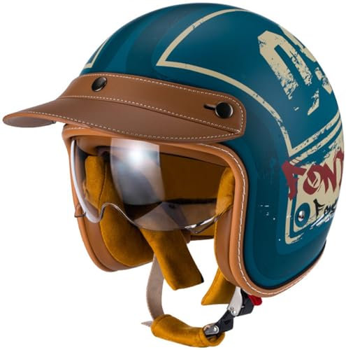 3/4 Vintage Jethelm Open Face Motorradhelm mit Visier ECE/DOT Zulassung Roller Scooter Helm Moped Mofa-Helm Chopper Retro Biker Helmet für Erwachsene Herren Damen A,M=54-57CM
