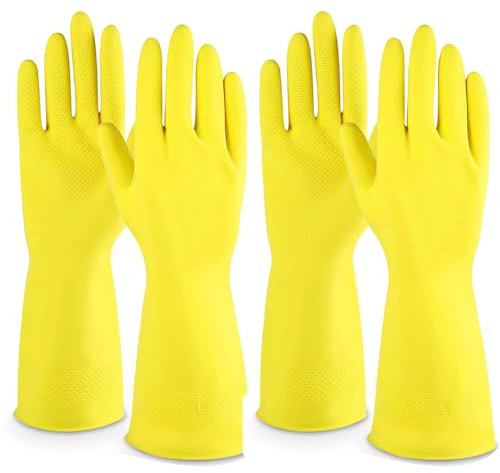 Concept4u 2 Pairs Large Household Cleaning Gloves - Heavy Duty Yellow Rubber Cleaning Gloves with Latex Non-Slip Grip, Waterproof & Durable for Kitchen, Bathroom & Dishwashing