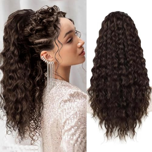 Colorfulpanda Ponytail Extension Pferdeschwanz Haarteil Haarverlängerung mit Kordelzug 45cm Lange Perücke Natürliches Afro Lockige Ponytail für zopf(Dunkelbraun)