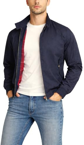 Xact - Chaqueta Harrington bomber de algodón suave para hombre – Estilo clásico mod retro, forro de cuadros tartán, ajuste regular, ligera para primavera, otoño y caída, azul marino, S