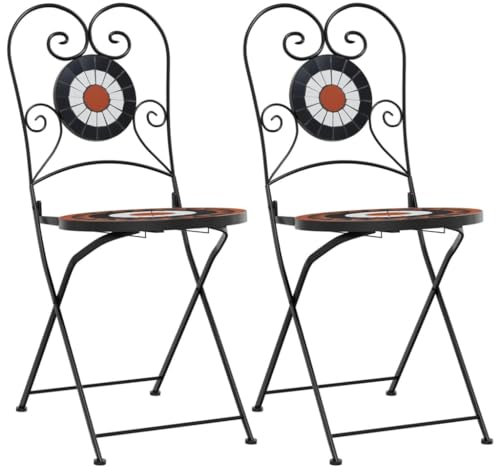 vidaXL Bistrostühle Klappbar 2 STK., Bistrostuhl mit Mosaik-Design, Stuhlset für Garten Balkon Terrasse, Gartenstuhl, Terrakottarot Weiß Keramik