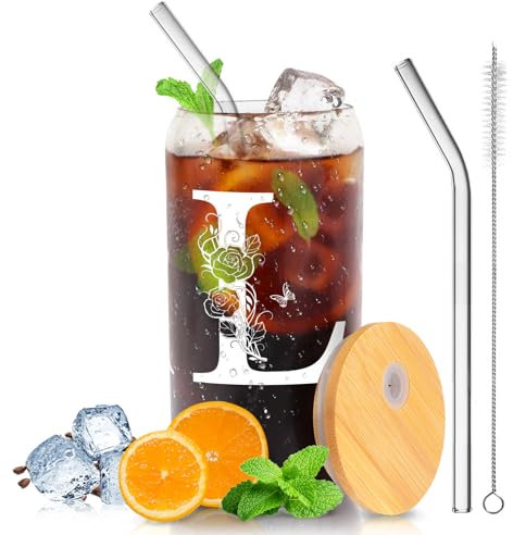 Personalized Gifts-for Women,Stylish A-Z Initial with Name, Gift for Birthday, Valentine's Day,Christmas,Teacher's Day for Mom Girlfriends Teachers,Coffee Smoothie Beer Glass with Lid Straw (L)