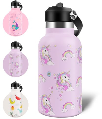 AMFUN Kids Stainless Steel Water Bottle, 350ml Kids Insulated Water Bottle, Upgraded Leak Proof Lid With Straw & Handle for Boys Girls Hot Cold Drinks (Unicorn)