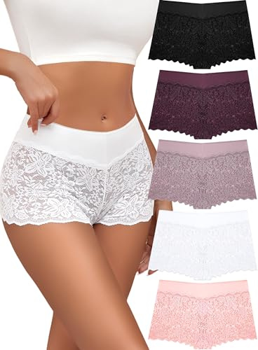 ALL OF SHE Lot de 5 Boxer Femme Culotte Dentelle Sexy Culotte Respirante Ceinture en Coton Stretch Commandes en Cours Ensemble sous Vetement Femme L