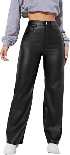 Pantalon en cuir pour femme taille haute avec poches jambe droite - Pantalon décontracté professionnel en similicuir PU extensible jambe large pour le travail et le port quotidien, Noir , M