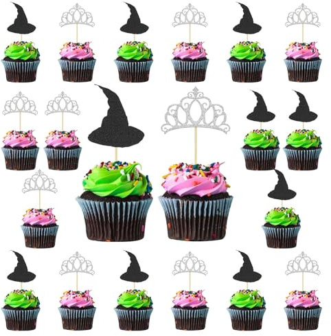 24 Stück Hexenhut Krone Cake Topper Muffins Deko Cupcake Deko Hexe Tortendeko Halloween Geburtstag Kuchen Deko Hexen Deko für Prinzessinnen Geburtstag Hochzeit Party Dekorationen