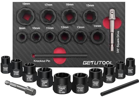 GETLITOOL Jeu de 10 extracteurs d'écrous 3/8 pour écrous et boulons endommagés avec tige de forage et barre de pression, jeu de douilles 9-19mm pour retirer les vis cassées