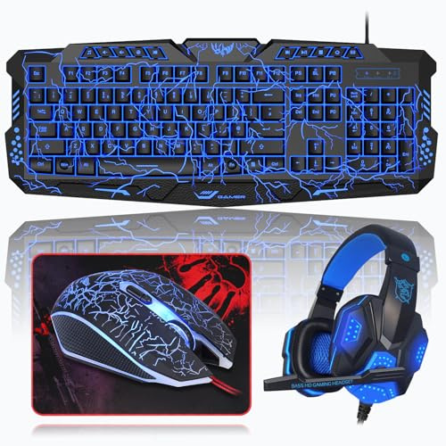 Rewurnth Gaming Keyboard and Mouse Set with Headset, UK Layout, Crack Backlit Wired Keyboard, 4 Color LED Gaming Mouse, Over-Ear Headphones, Large Mousepad, All in One Bundle for PC Mac PS5 Xbox