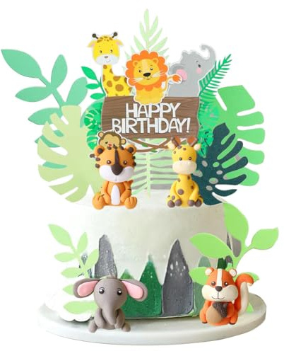 Jungle Animal Cake Toppers, Animals Happy Birthday Cake Toppers Cake Decorations, Jungle Animal Birthday Cupcake Toppers for Kids Cake Decoration Birthday Shower Supplies 5PCS