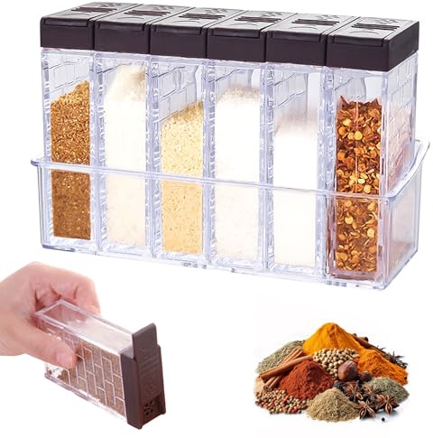 Juego de 6 Botes de Especias de Plástico Cajas de Especias Transparente con Bandeja Botellas Tarros Recipientes de Especias Botes Especias para Cocina Restaurante Camping Sal Pimienta Azúcar