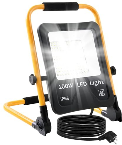 YRHome 100W LED Baustrahler mit klappbarem Ständer Arbeitsleuchte mit Stecker Werkstattlampe Wasserdicht IP66 Baustellenlampe Tragbar für Werkstatt Wartung Baustelle Garten Garage - Kaltweiß