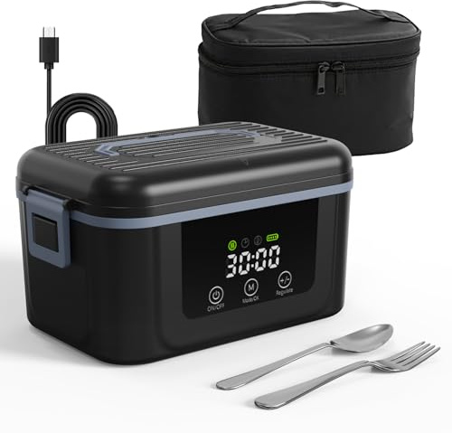 LANMOU Fiambrera Eléctrica con Batería, Calentador de Comida Portatil, Lunch Box 1,5 L Taper Electrico para Comida, 18000mAh, Recargable USB, para Oficina, Obra, Coche