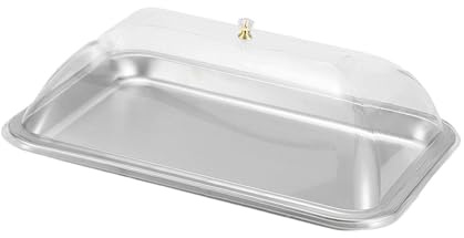 F Fityle Plateau de Service en Acier Inoxydable avec Couvercle Transparent, Présentoir à Gâteaux Rectangulaire, Plateau Alimentaire Multifonctionnel Pratique pour Fêtes, 40x30x2cm