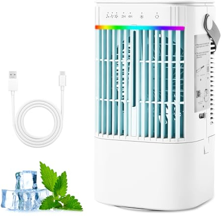 WingFly Climatizzatore portatile, 3 in 1, mini condizionatore d'aria con 3 modalità di nebbia e 7 luci di colore e serbatoio dell'acqua da 900 ml e timer 2/4 ore, mini refrigeratore d'aria per casa