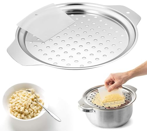 Spätzle presse Edelstahl Spätzlereibe und Spätzlehobel Topfaufsatz für 24-28 cm Töpfe mit Schaber, Spätzlesieb Alternative zum Spätzlebrett Spätzle, hochwertige Edelstahl Spülmaschinengeeignet