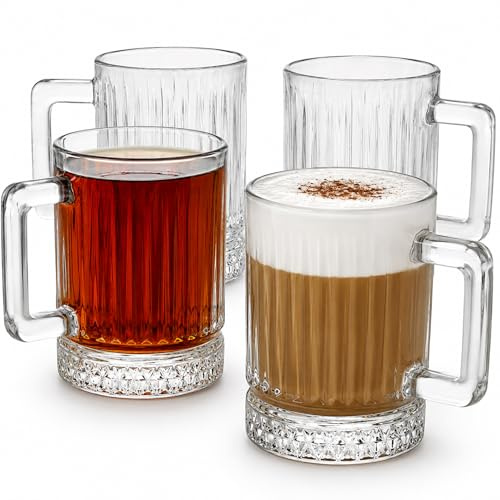 Vessler Premium Kaffeegläser Set mit Henkel (4er, 8er oder 12er Set) - 200ml Vintage Teegläser gerippt - Hitzebeständige Glastassen für Cappuccino, Latte Macchiato & Tee - Spülmaschinenfest (12)