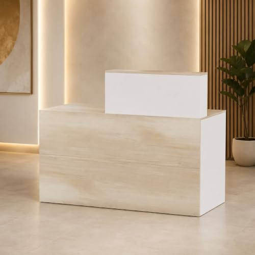 PREMTURE Rezeptionstheke 140 x 60 x 110 cm aus MDF, Großer Empfangstresen mit offenen Fächern, Büromöbel in Holzfarbe und Weiß, Rezeptionstisch für Büro und Gewerbe